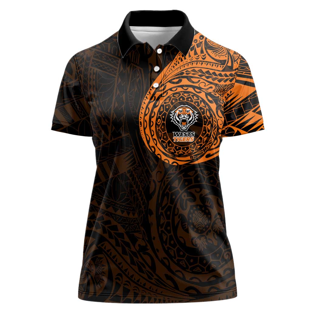 Personalized Wests Tigers Women Polo Shirt Polynesian Tribal Chest and Sleeve Tattoo
