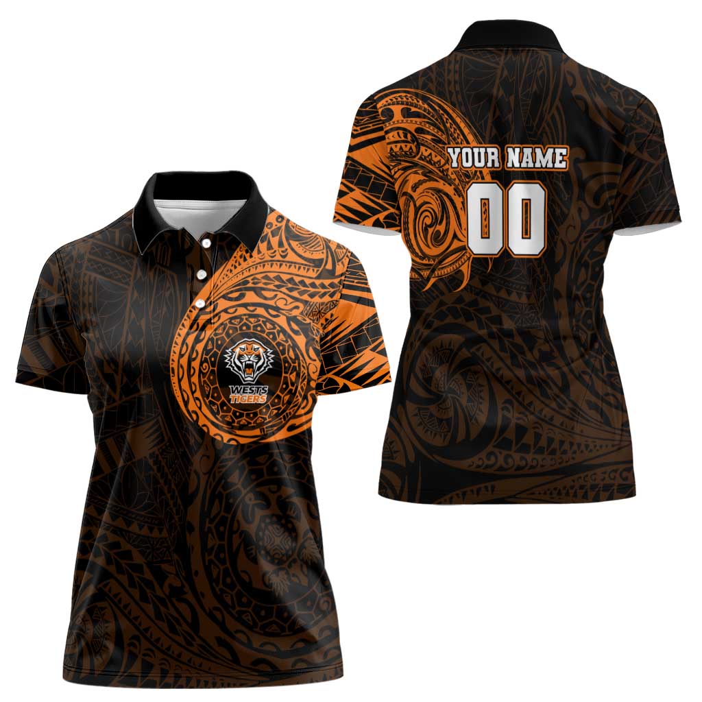 Personalized Wests Tigers Women Polo Shirt Polynesian Tribal Chest and Sleeve Tattoo