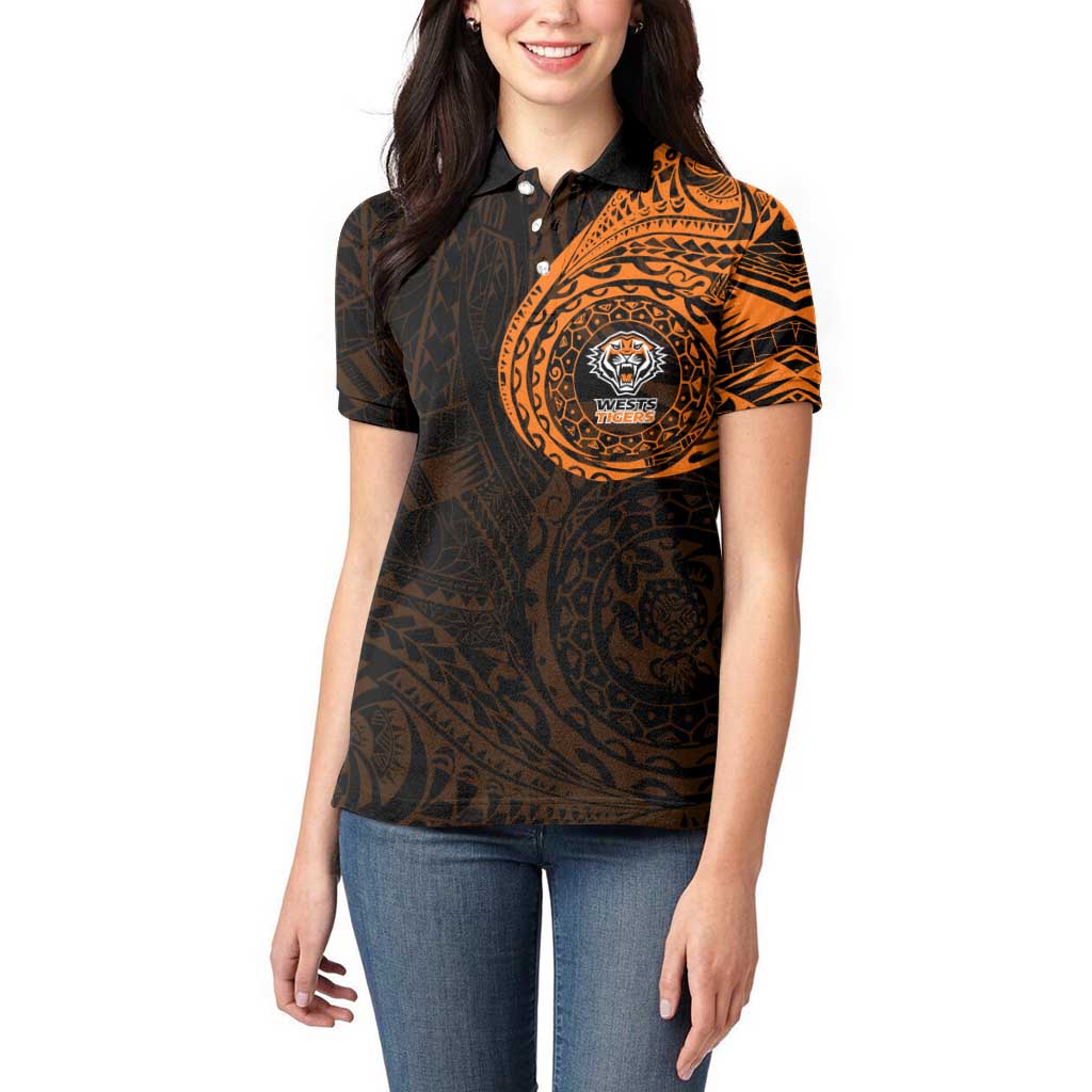 Personalized Wests Tigers Women Polo Shirt Polynesian Tribal Chest and Sleeve Tattoo