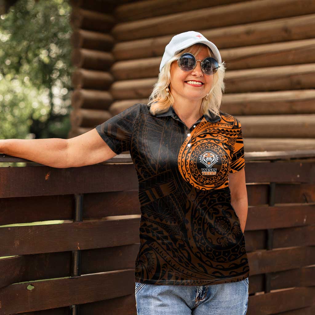 Personalized Wests Tigers Women Polo Shirt Polynesian Tribal Chest and Sleeve Tattoo