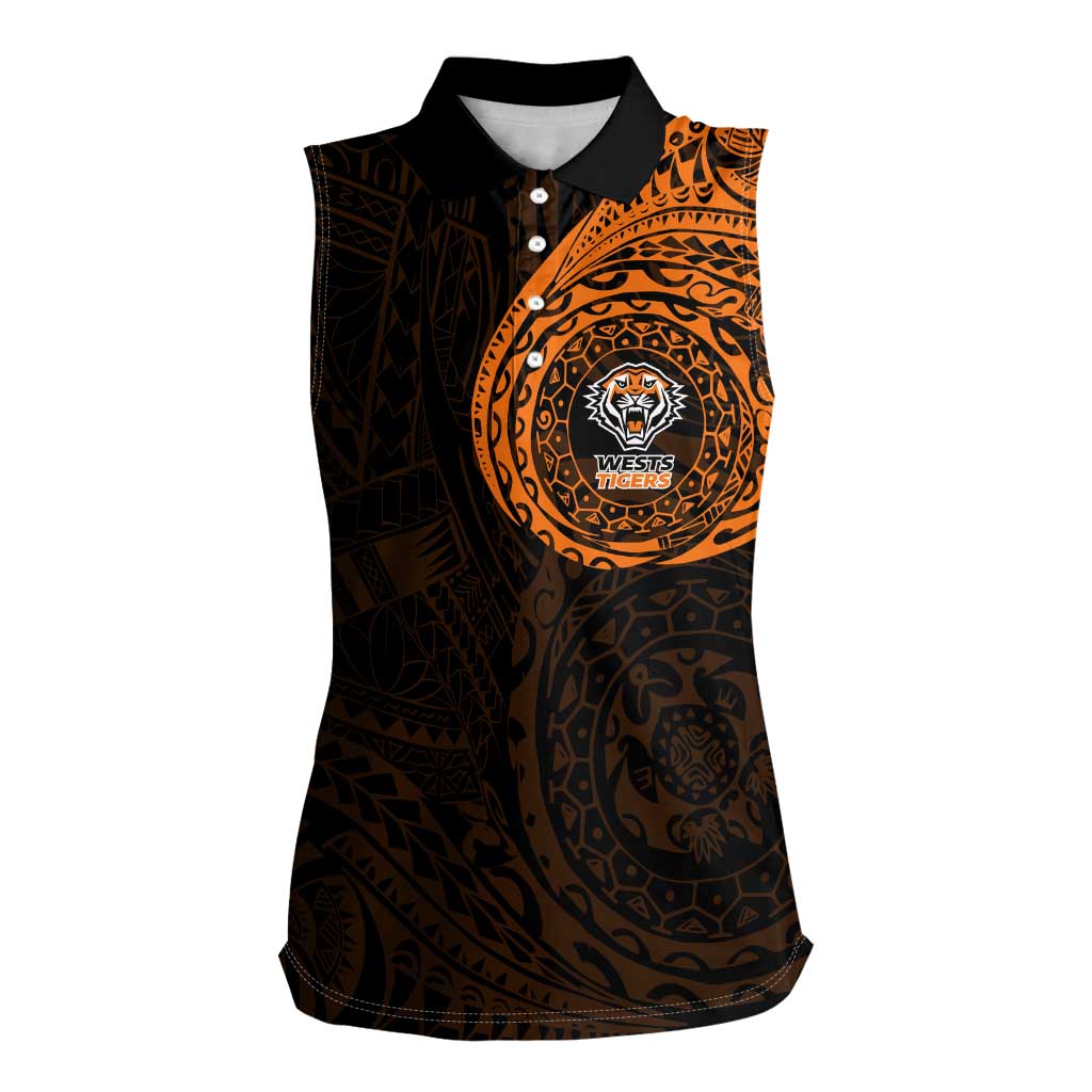 Personalized Wests Tigers Women Sleeveless Polo Shirt Polynesian Tribal Chest and Sleeve Tattoo