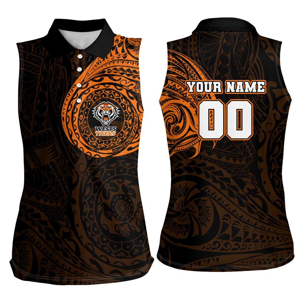 Personalized Wests Tigers Women Sleeveless Polo Shirt Polynesian Tribal Chest and Sleeve Tattoo