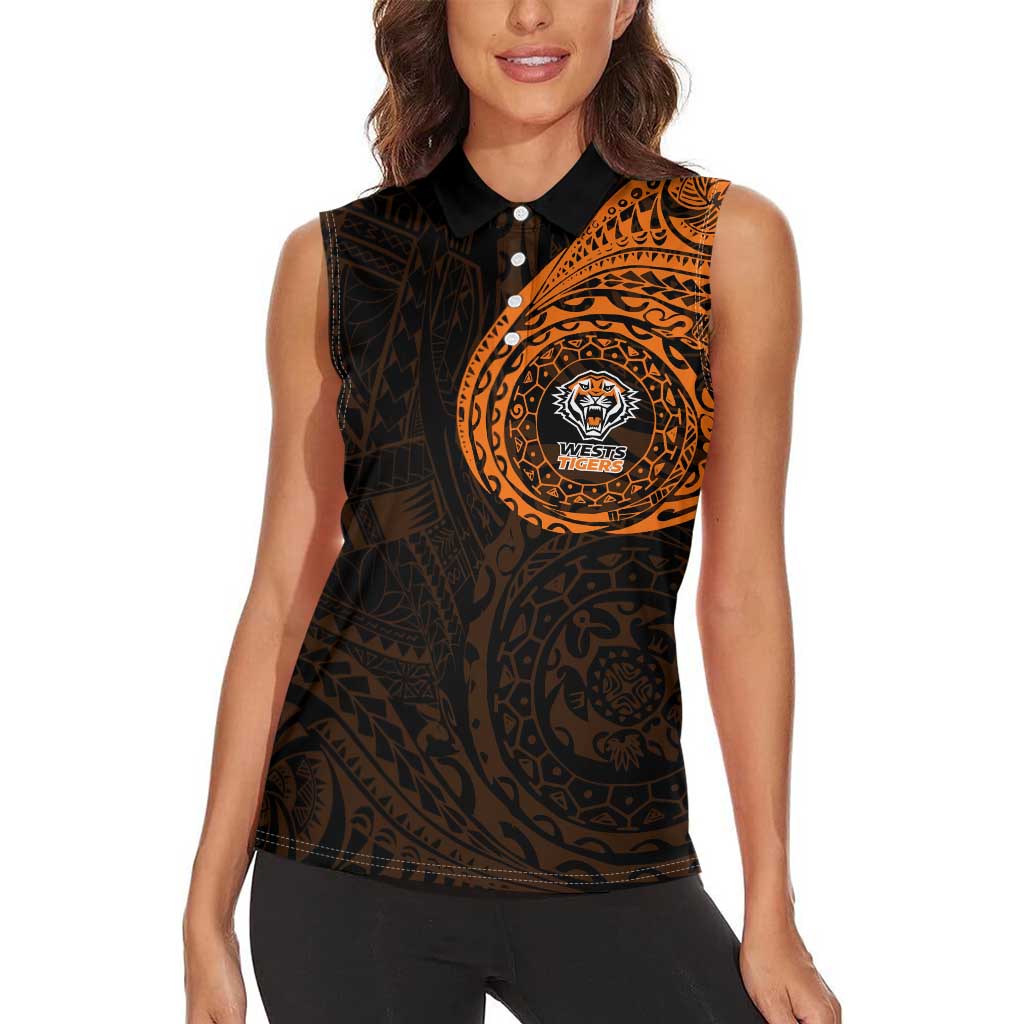 Personalized Wests Tigers Women Sleeveless Polo Shirt Polynesian Tribal Chest and Sleeve Tattoo