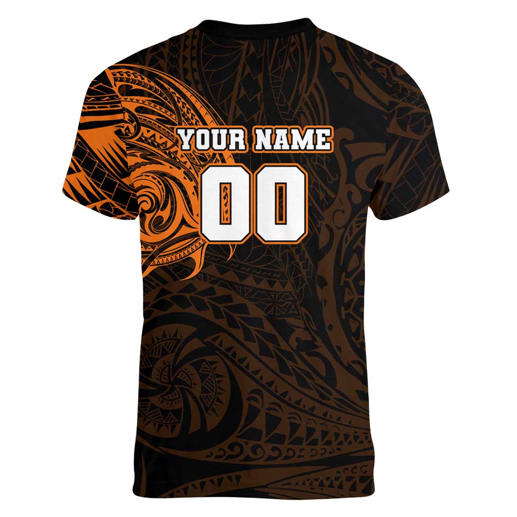 Personalized Wests Tigers Women V-Neck T-Shirt Polynesian Tribal Chest and Sleeve Tattoo