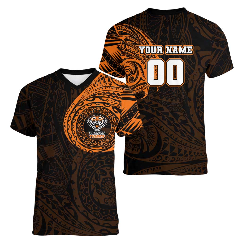 Personalized Wests Tigers Women V-Neck T-Shirt Polynesian Tribal Chest and Sleeve Tattoo