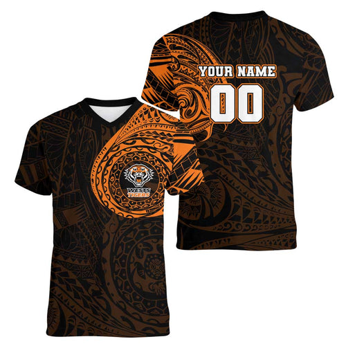 Personalized Wests Tigers Women V-Neck T-Shirt Polynesian Tribal Chest and Sleeve Tattoo