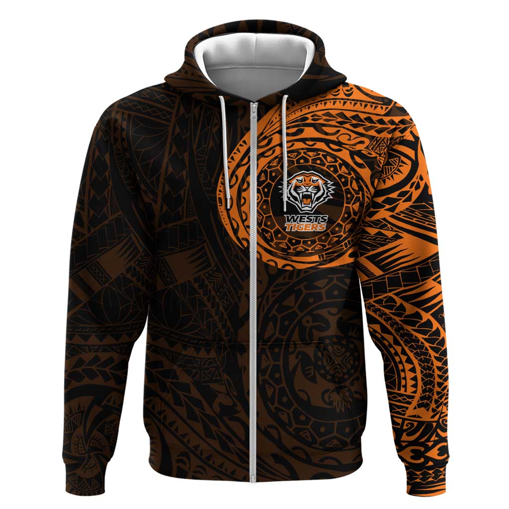 Personalized Wests Tigers Zip Hoodie Polynesian Tribal Chest and Sleeve Tattoo