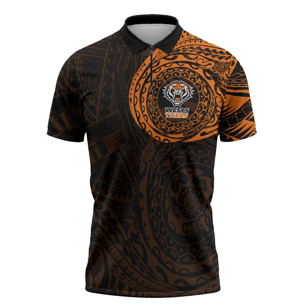 Personalized Wests Tigers Zipper Polo Shirt Polynesian Tribal Chest and Sleeve Tattoo
