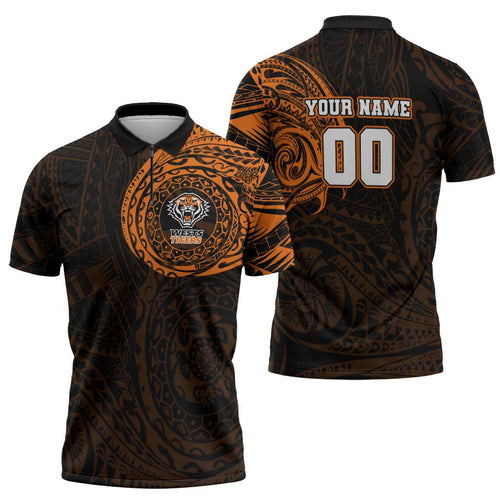 Personalized Wests Tigers Zipper Polo Shirt Polynesian Tribal Chest and Sleeve Tattoo