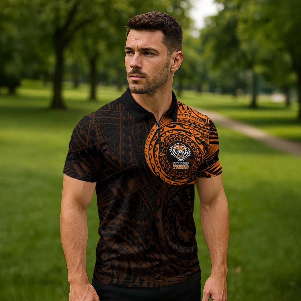 Personalized Wests Tigers Zipper Polo Shirt Polynesian Tribal Chest and Sleeve Tattoo
