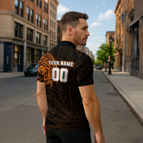Personalized Wests Tigers Zipper Polo Shirt Polynesian Tribal Chest and Sleeve Tattoo