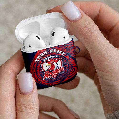 Personalized Sydney Roosters AirPods Case Polynesian Tribal Chest and Sleeve Tattoo