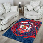 Personalized Sydney Roosters Area Rug Polynesian Tribal Chest and Sleeve Tattoo