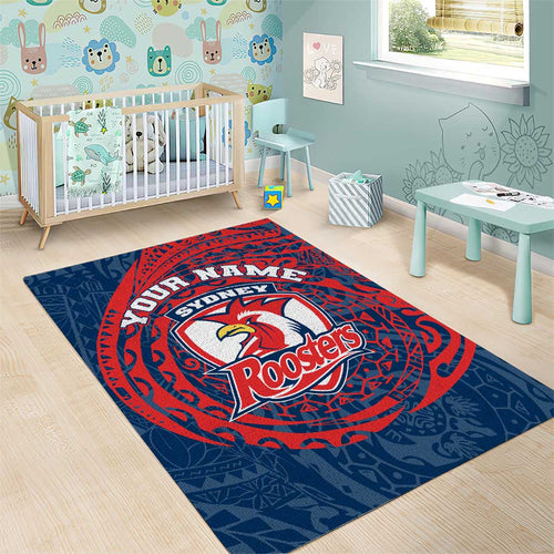 Personalized Sydney Roosters Area Rug Polynesian Tribal Chest and Sleeve Tattoo