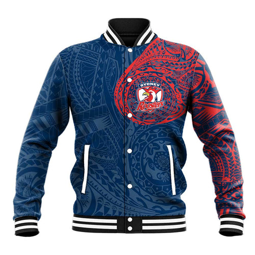Personalized Sydney Roosters Baseball Jacket Polynesian Tribal Chest and Sleeve Tattoo