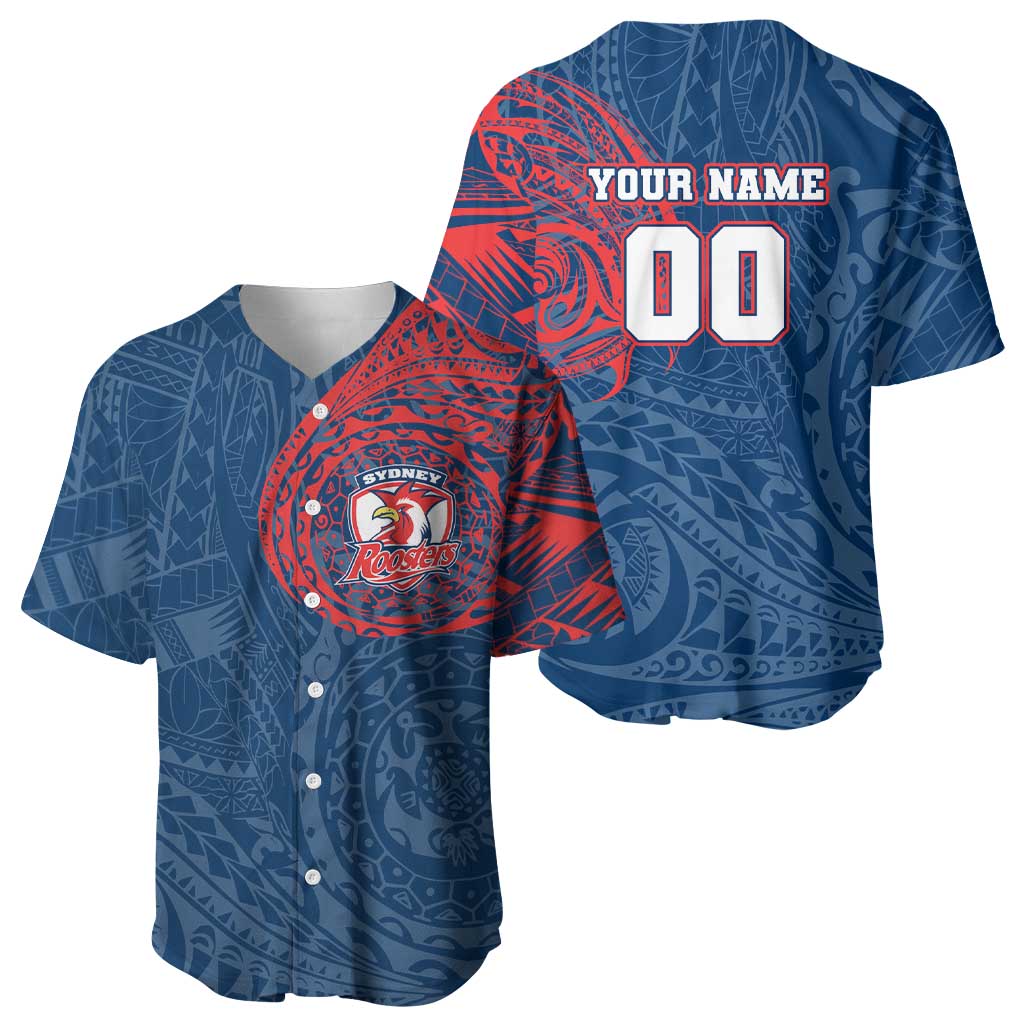 Personalized Sydney Roosters Baseball Jersey Polynesian Tribal Chest and Sleeve Tattoo