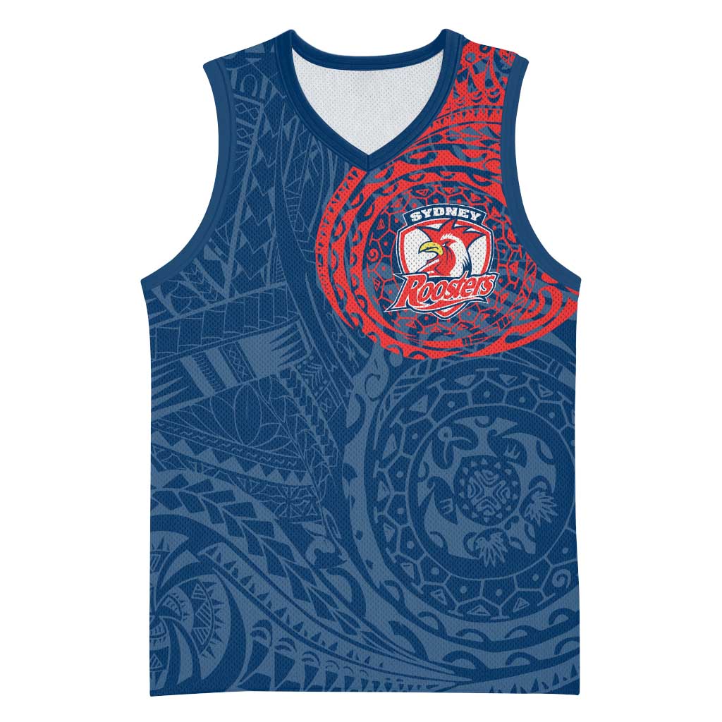 Personalized Sydney Roosters Basketball Jersey Polynesian Tribal Chest and Sleeve Tattoo
