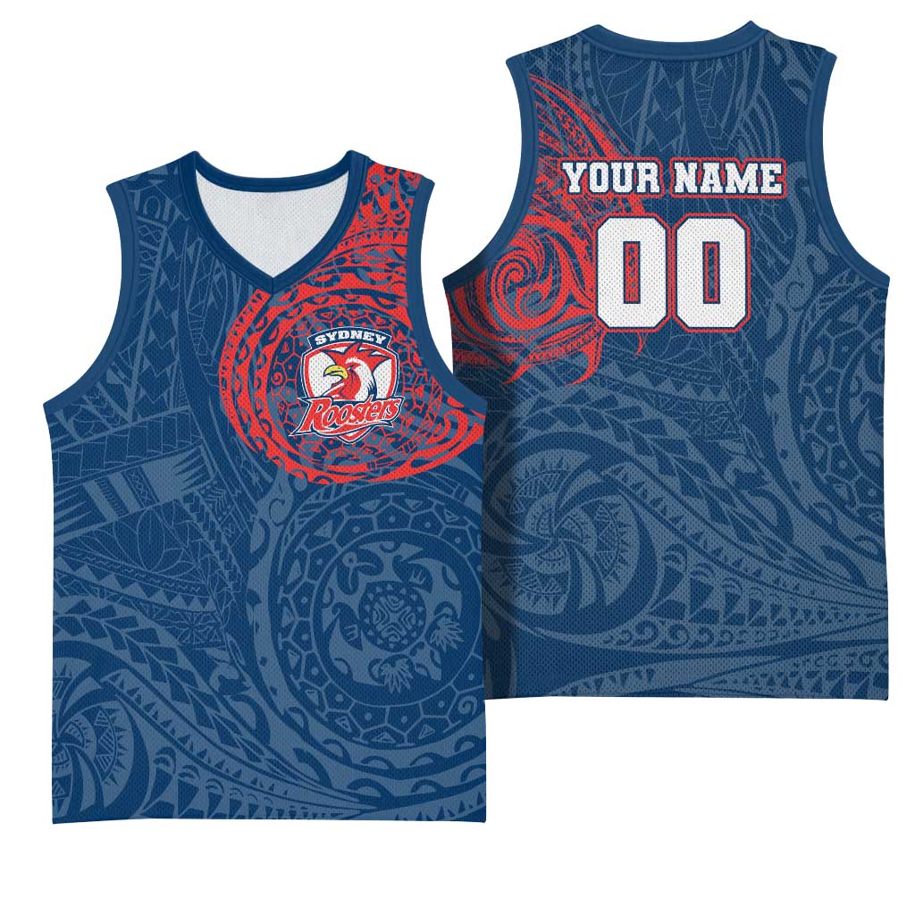 Personalized Sydney Roosters Basketball Jersey Polynesian Tribal Chest and Sleeve Tattoo