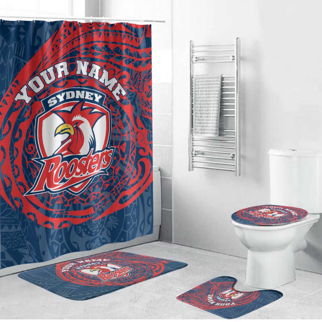 Personalized Sydney Roosters Bathroom Set Polynesian Tribal Chest and Sleeve Tattoo