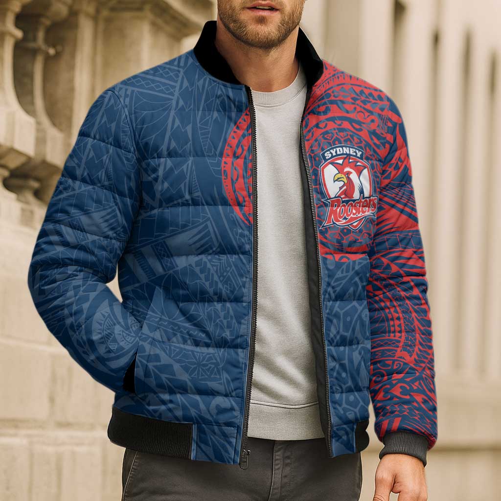 Personalized Sydney Roosters Bomber Puffer Jacket Polynesian Tribal Chest and Sleeve Tattoo