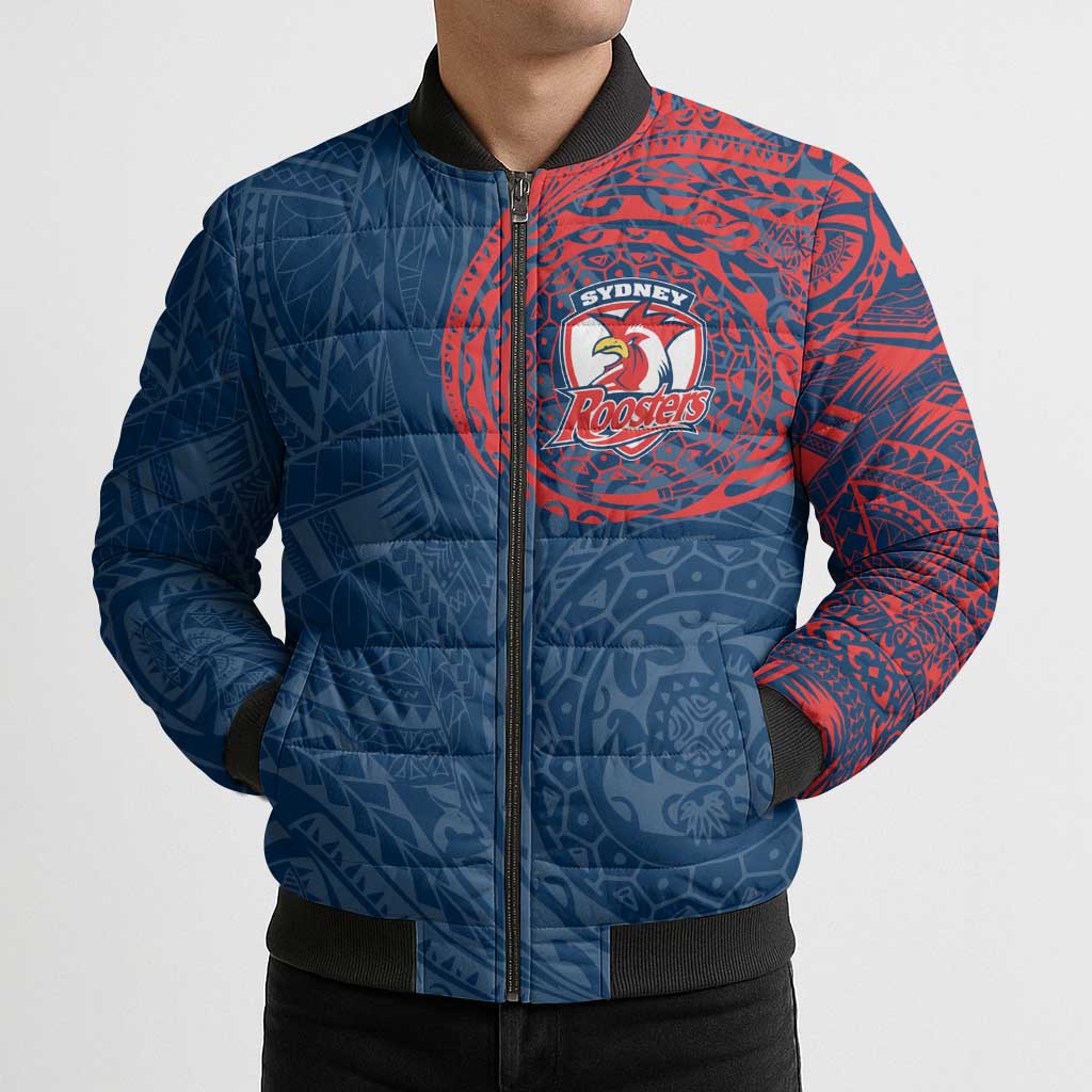 Personalized Sydney Roosters Bomber Puffer Jacket Polynesian Tribal Chest and Sleeve Tattoo