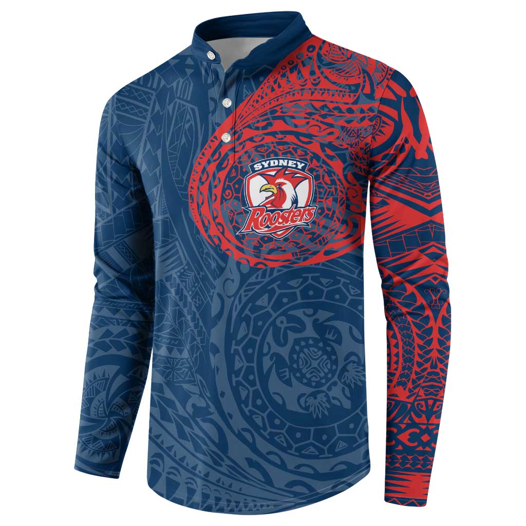 Personalized Sydney Roosters Button Sweatshirt Polynesian Tribal Chest and Sleeve Tattoo
