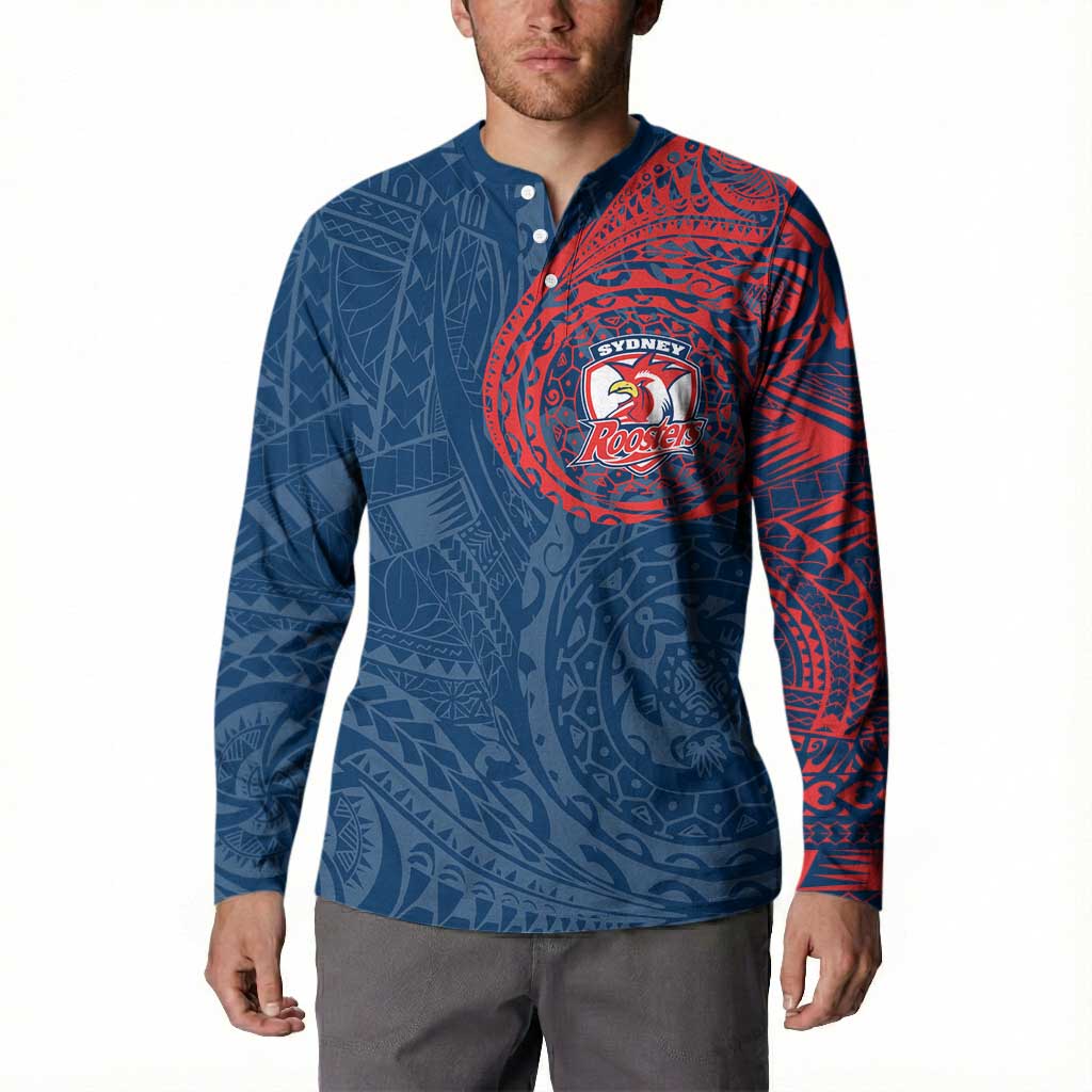 Personalized Sydney Roosters Button Sweatshirt Polynesian Tribal Chest and Sleeve Tattoo