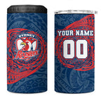Personalized Sydney Roosters 4 in 1 Can Cooler Tumbler Polynesian Tribal Chest and Sleeve Tattoo