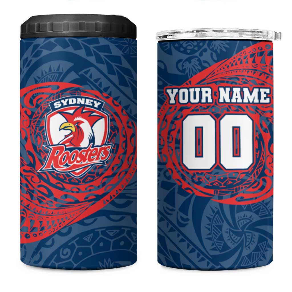 Personalized Sydney Roosters 4 in 1 Can Cooler Tumbler Polynesian Tribal Chest and Sleeve Tattoo