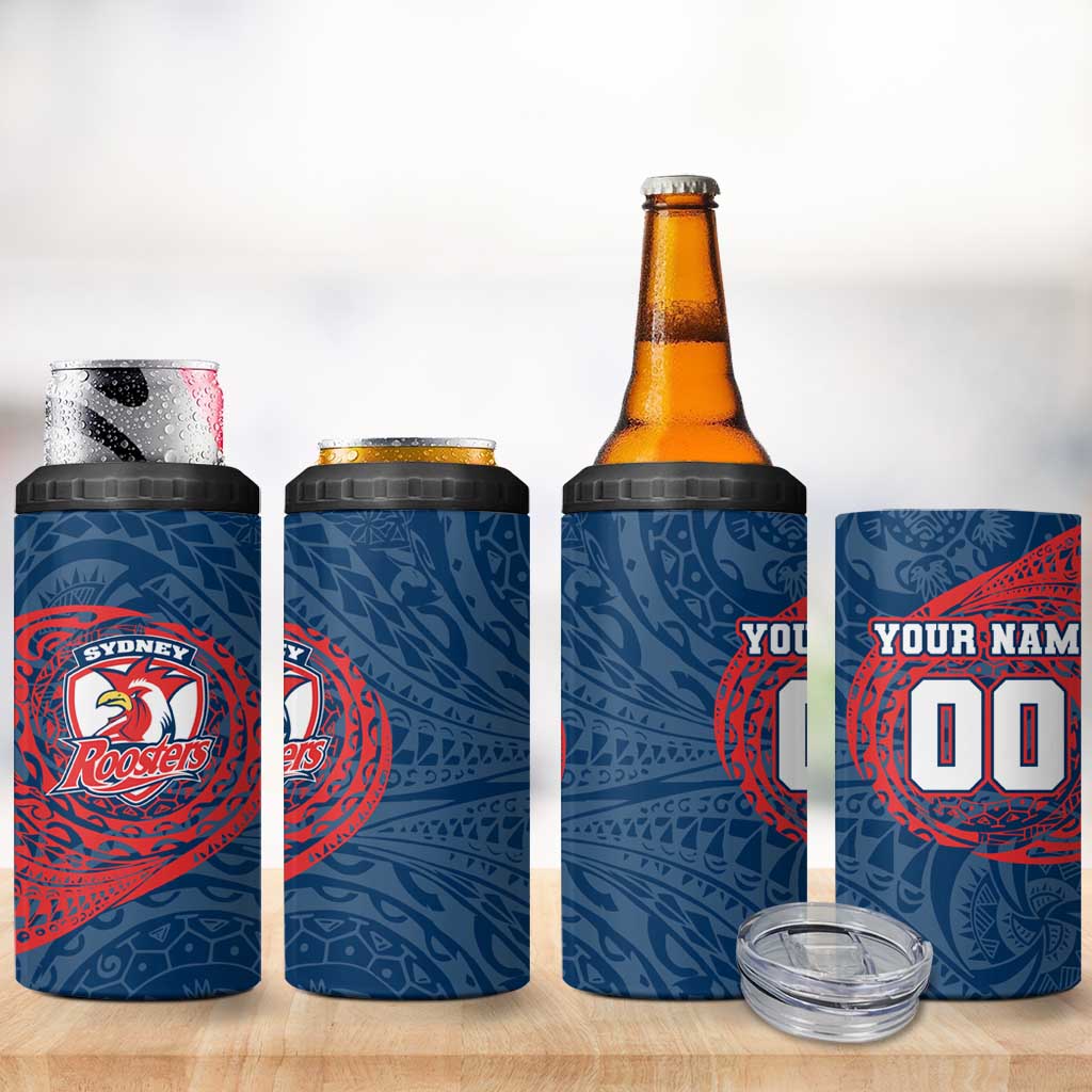 Personalized Sydney Roosters 4 in 1 Can Cooler Tumbler Polynesian Tribal Chest and Sleeve Tattoo