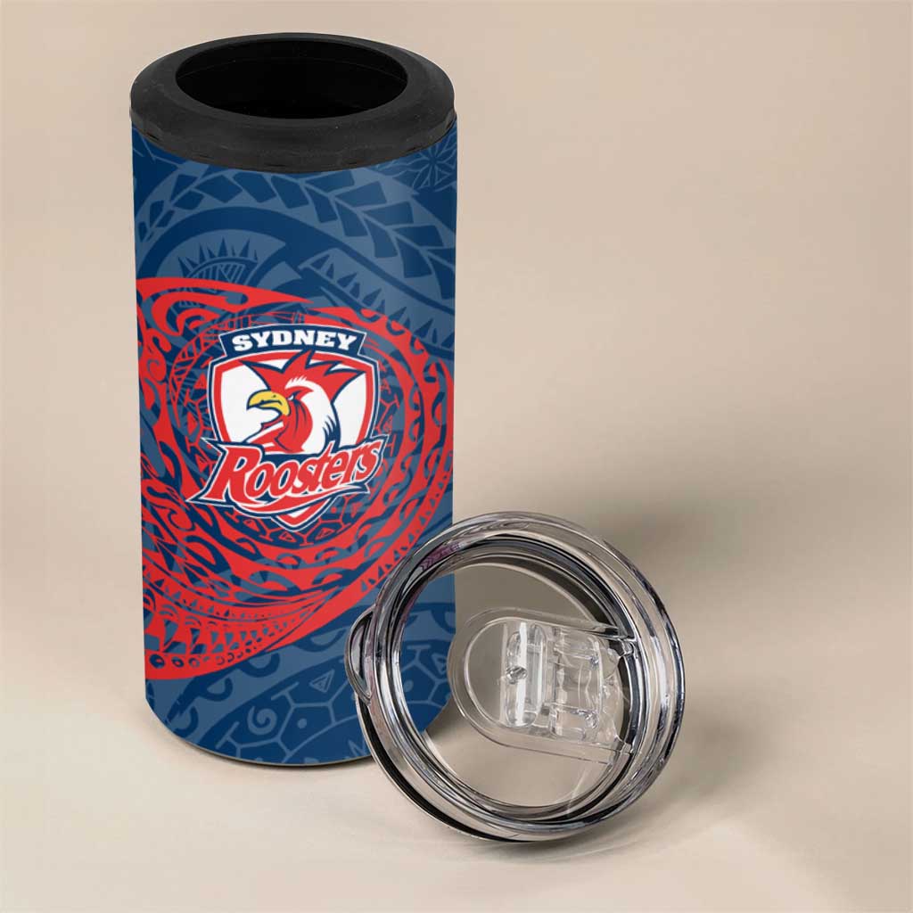 Personalized Sydney Roosters 4 in 1 Can Cooler Tumbler Polynesian Tribal Chest and Sleeve Tattoo
