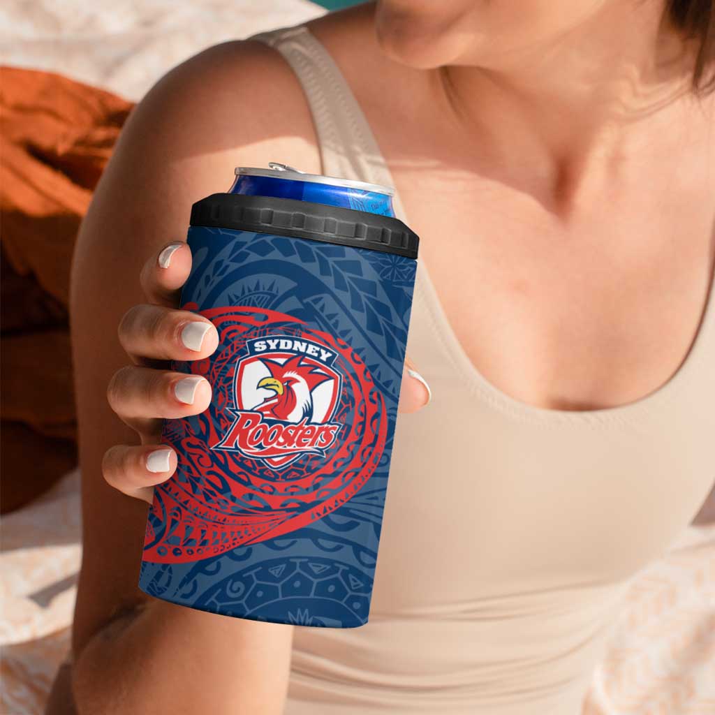 Personalized Sydney Roosters 4 in 1 Can Cooler Tumbler Polynesian Tribal Chest and Sleeve Tattoo