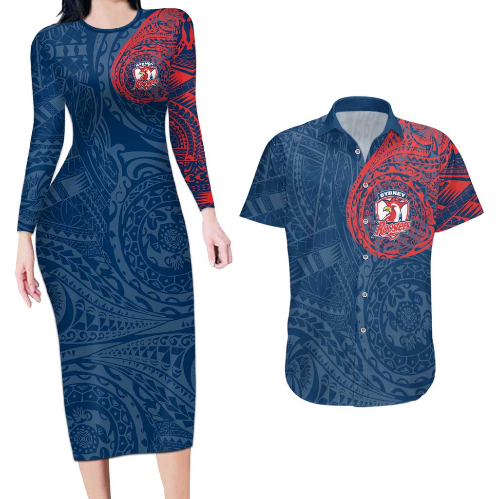 Personalized Sydney Roosters Couples Matching Long Sleeve Bodycon Dress and Hawaiian Shirt Polynesian Tribal Chest and Sleeve Tattoo