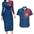 Personalized Sydney Roosters Couples Matching Long Sleeve Bodycon Dress and Hawaiian Shirt Polynesian Tribal Chest and Sleeve Tattoo