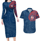 Personalized Sydney Roosters Couples Matching Long Sleeve Bodycon Dress and Hawaiian Shirt Polynesian Tribal Chest and Sleeve Tattoo