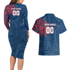 Personalized Sydney Roosters Couples Matching Long Sleeve Bodycon Dress and Hawaiian Shirt Polynesian Tribal Chest and Sleeve Tattoo