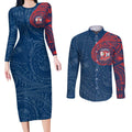 Personalized Sydney Roosters Couples Matching Long Sleeve Bodycon Dress and Long Sleeve Button Shirt Polynesian Tribal Chest and Sleeve Tattoo