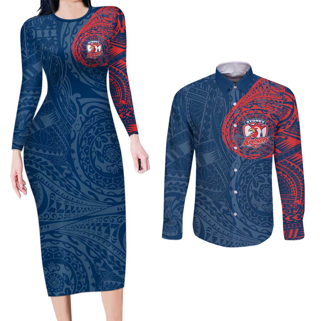 Personalized Sydney Roosters Couples Matching Long Sleeve Bodycon Dress and Long Sleeve Button Shirt Polynesian Tribal Chest and Sleeve Tattoo
