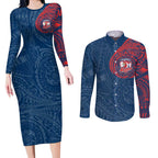 Personalized Sydney Roosters Couples Matching Long Sleeve Bodycon Dress and Long Sleeve Button Shirt Polynesian Tribal Chest and Sleeve Tattoo