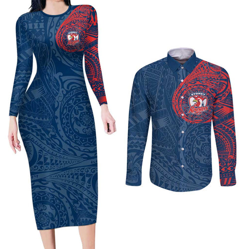 Personalized Sydney Roosters Couples Matching Long Sleeve Bodycon Dress and Long Sleeve Button Shirt Polynesian Tribal Chest and Sleeve Tattoo