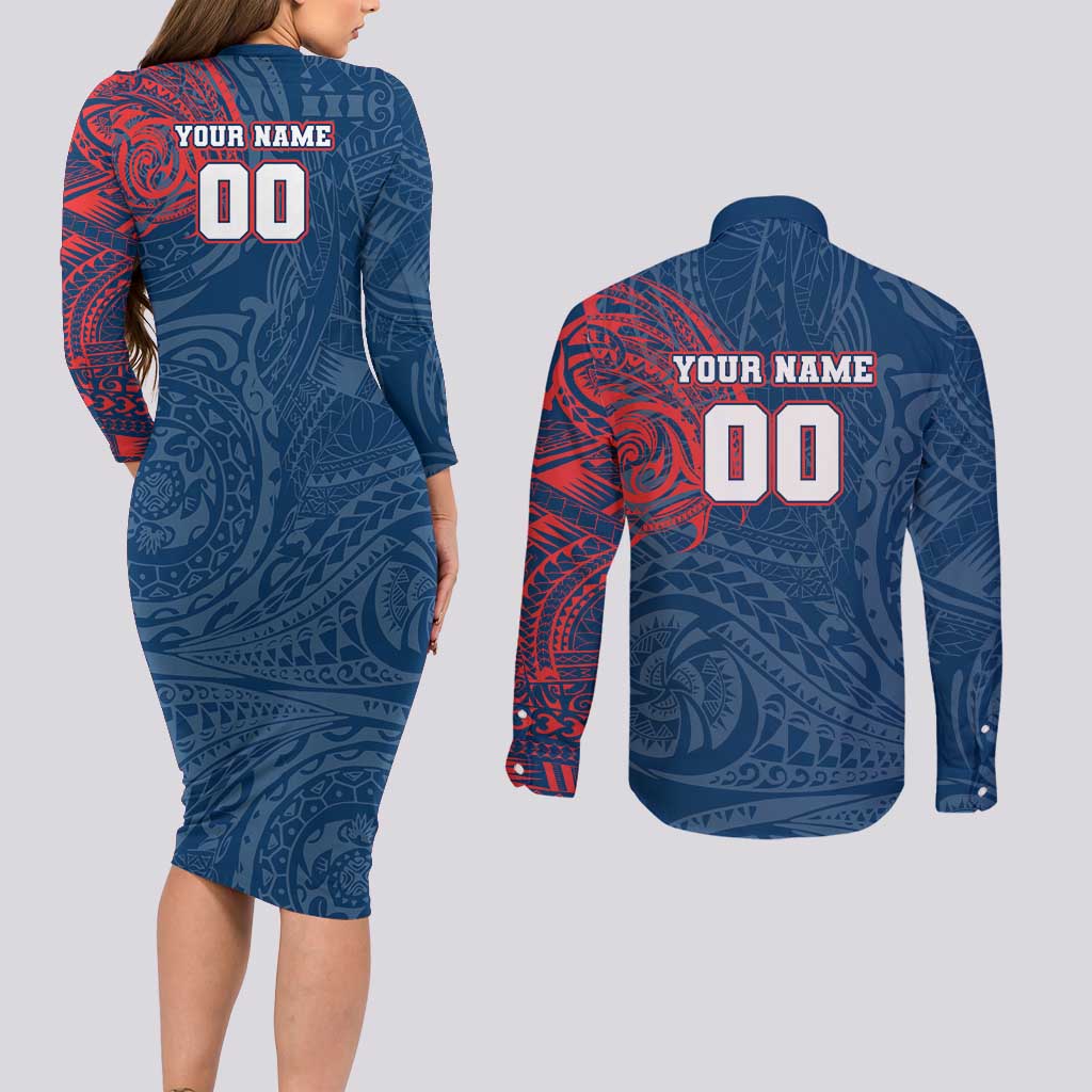 Personalized Sydney Roosters Couples Matching Long Sleeve Bodycon Dress and Long Sleeve Button Shirt Polynesian Tribal Chest and Sleeve Tattoo