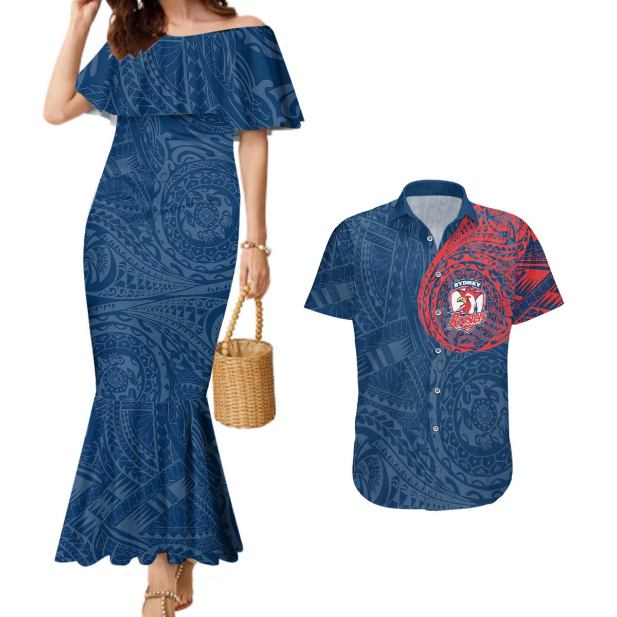Personalized Sydney Roosters Couples Matching Mermaid Dress and Hawaiian Shirt Polynesian Tribal Chest and Sleeve Tattoo