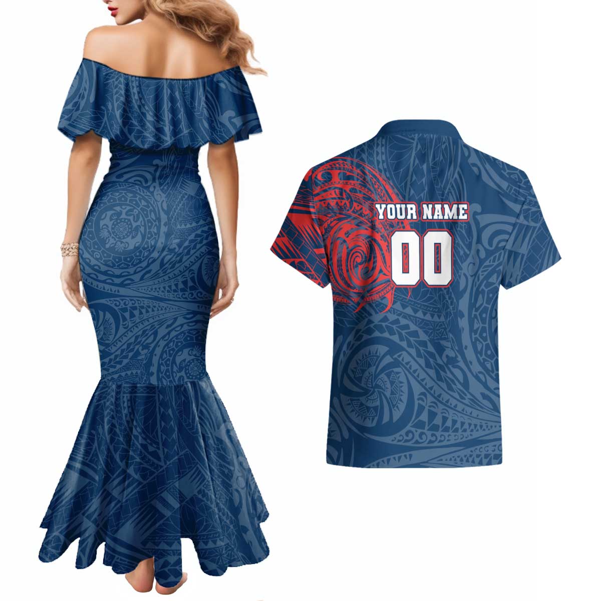 Personalized Sydney Roosters Couples Matching Mermaid Dress and Hawaiian Shirt Polynesian Tribal Chest and Sleeve Tattoo