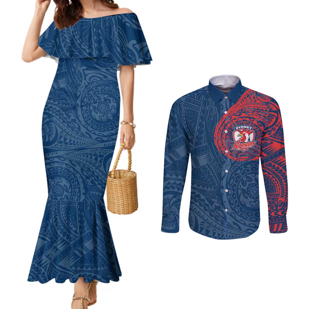 Personalized Sydney Roosters Couples Matching Mermaid Dress and Long Sleeve Button Shirt Polynesian Tribal Chest and Sleeve Tattoo