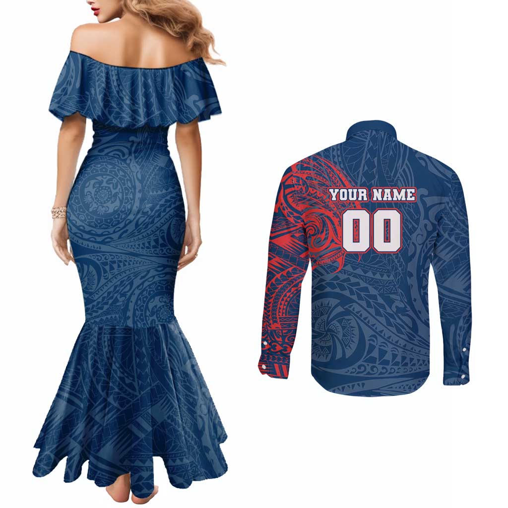 Personalized Sydney Roosters Couples Matching Mermaid Dress and Long Sleeve Button Shirt Polynesian Tribal Chest and Sleeve Tattoo