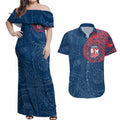 Personalized Sydney Roosters Couples Matching Off Shoulder Maxi Dress and Hawaiian Shirt Polynesian Tribal Chest and Sleeve Tattoo
