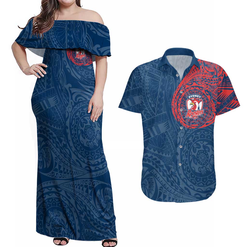 Personalized Sydney Roosters Couples Matching Off Shoulder Maxi Dress and Hawaiian Shirt Polynesian Tribal Chest and Sleeve Tattoo