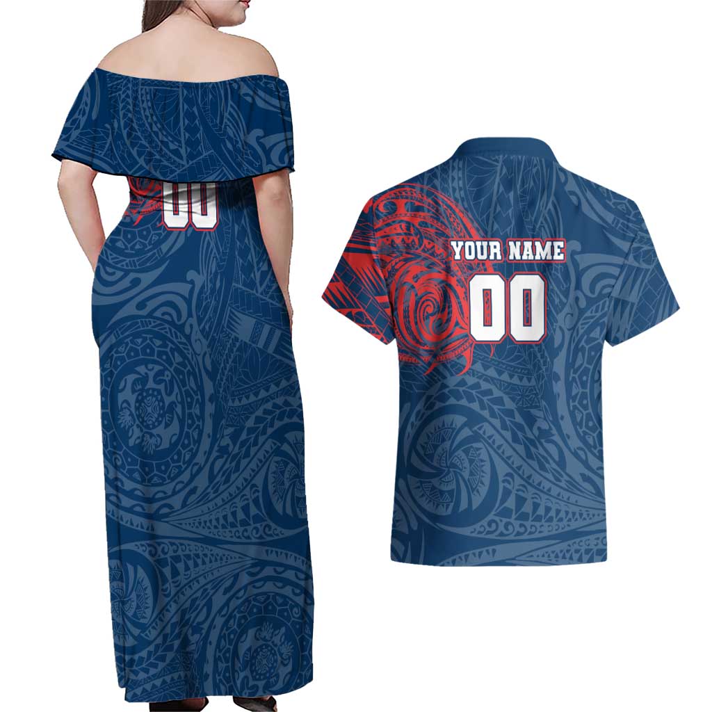 Personalized Sydney Roosters Couples Matching Off Shoulder Maxi Dress and Hawaiian Shirt Polynesian Tribal Chest and Sleeve Tattoo
