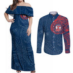 Personalized Sydney Roosters Couples Matching Off Shoulder Maxi Dress and Long Sleeve Button Shirt Polynesian Tribal Chest and Sleeve Tattoo