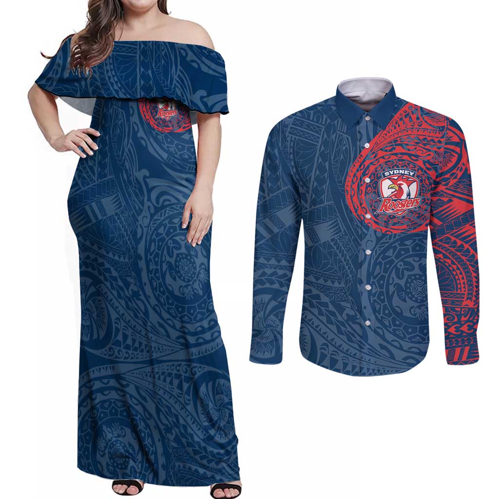 Personalized Sydney Roosters Couples Matching Off Shoulder Maxi Dress and Long Sleeve Button Shirt Polynesian Tribal Chest and Sleeve Tattoo